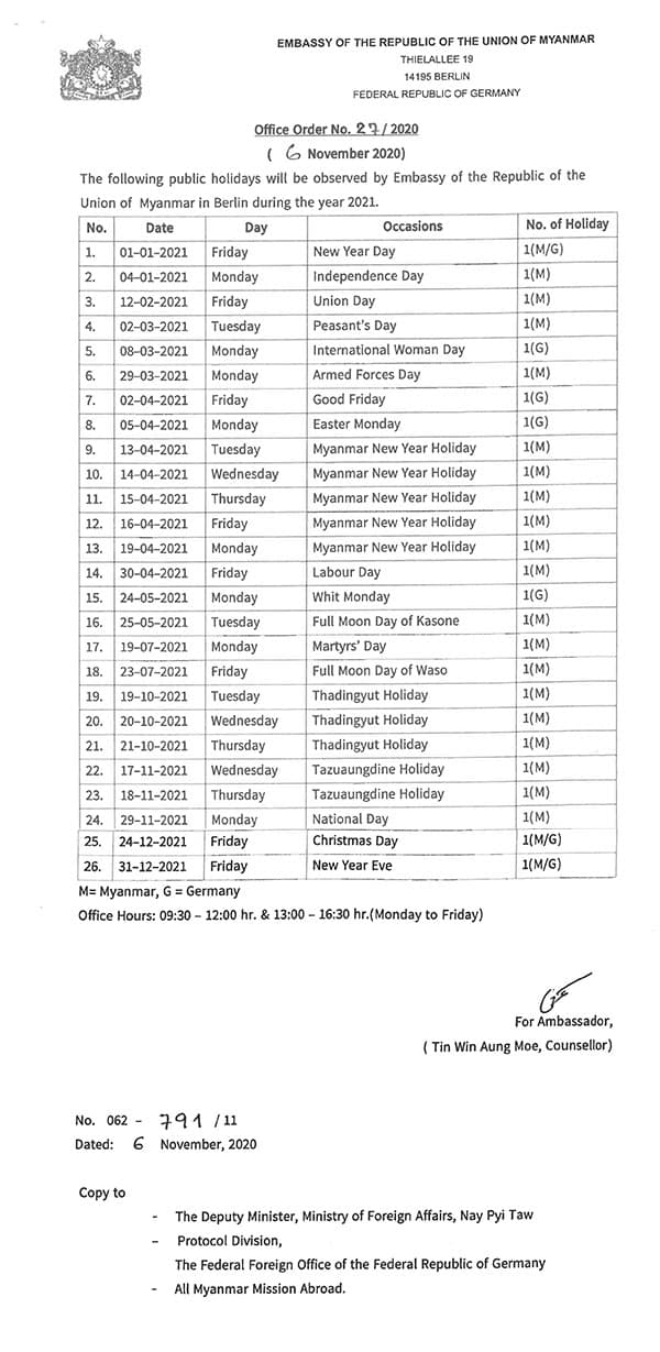 Feiertage der Berliner Botschaft von Myanmar